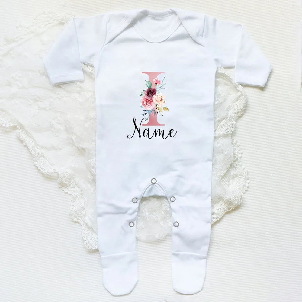 Personalised Babygrow Sleepsuit Flower Initial Infant Romper Baby Coming Home Outfit Newbron Shower Gift Baby Girls Sleepsuit
