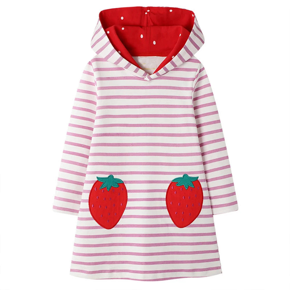 DXTON Girls Hooded Dress Winter Toddlers Hoodies Dress Strawberry Applique Kids Costumes Striped Children Casual Dress Clothing