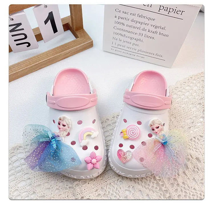 Disney Girls' Slippers Summer Princess Elsa Children's Girls Hole Shoes Summer Frozen Slippers Blue Pink Shoes Size 24-40