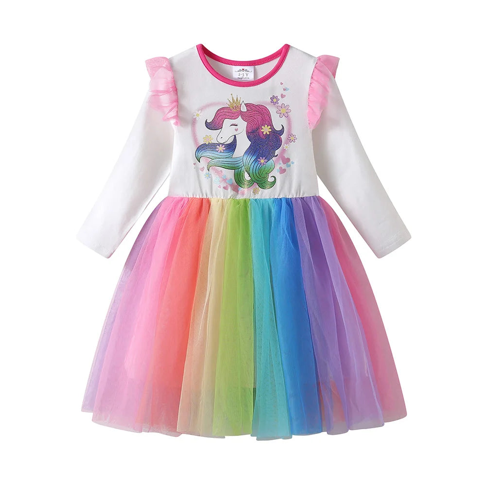 VIKITA Girls Licorne Heart Shape Flower Print Cartoon Dress Kids Rainbow Colorful Gradient Princess Party Tutu Long SleeveDress