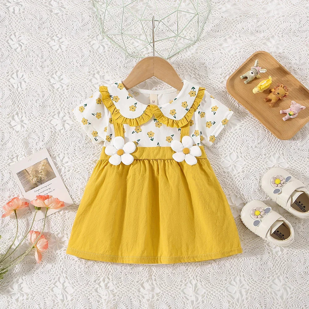 Summer New Style Fake Two Short Sleeved Baby Girl Dress, Small Floral Petal Collar Children'S Clothing (6-24 Months)