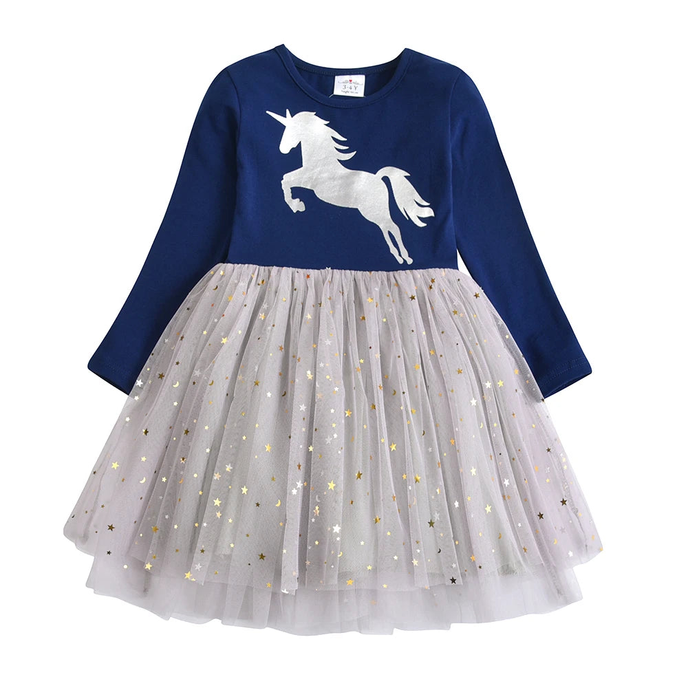 VIKITA Girls Unicorn Print Dress Kids Sequins Princess Dresses Kids Long Sleeve Autumn Spring Patchwork Mesh Tulle Cute Dresses