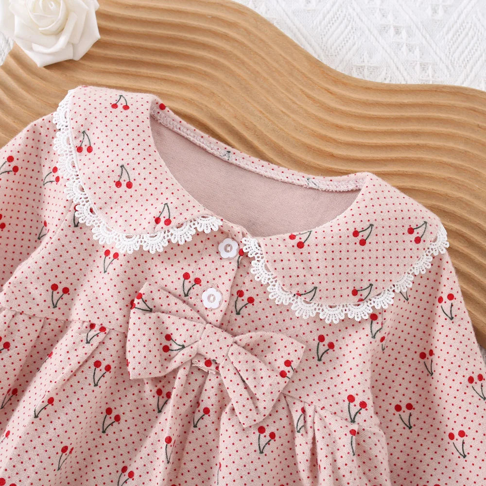 0-3 Year Old Baby Girl Dress, Spring And Autumn New Sweet Bow Cherry Long Sleeved Children'S Clothing