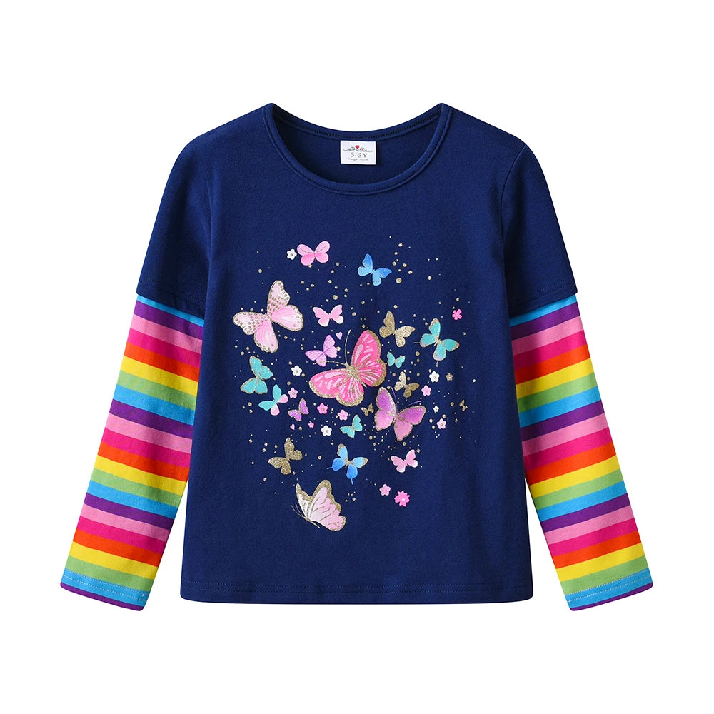 VIKITA Girls Colorful Butterfly Navy Blue T Shirts Kids Cotton Casual Daily Striped Long Sleeve Rainbow Tees Kids Tops Wear 3-8Y