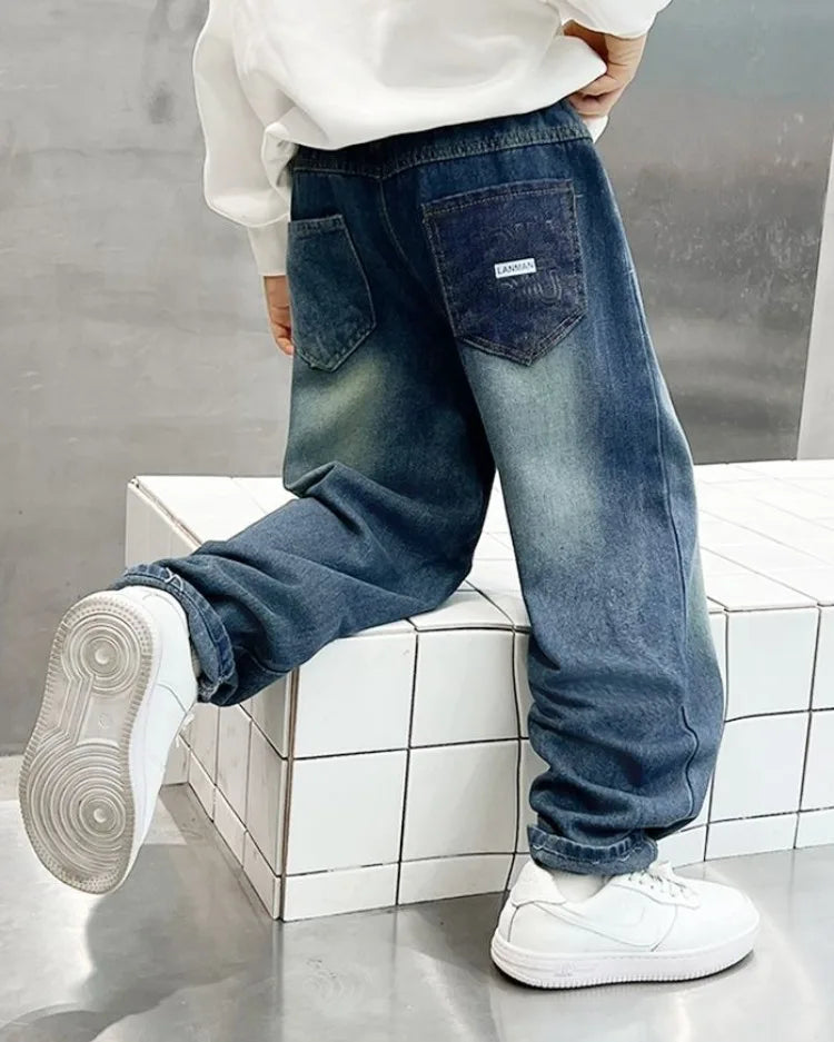 2025 New Boys' Loose Fit Jeans for Kids - Korean Style Washed Denim Long Pants, Trendy & Comfortable