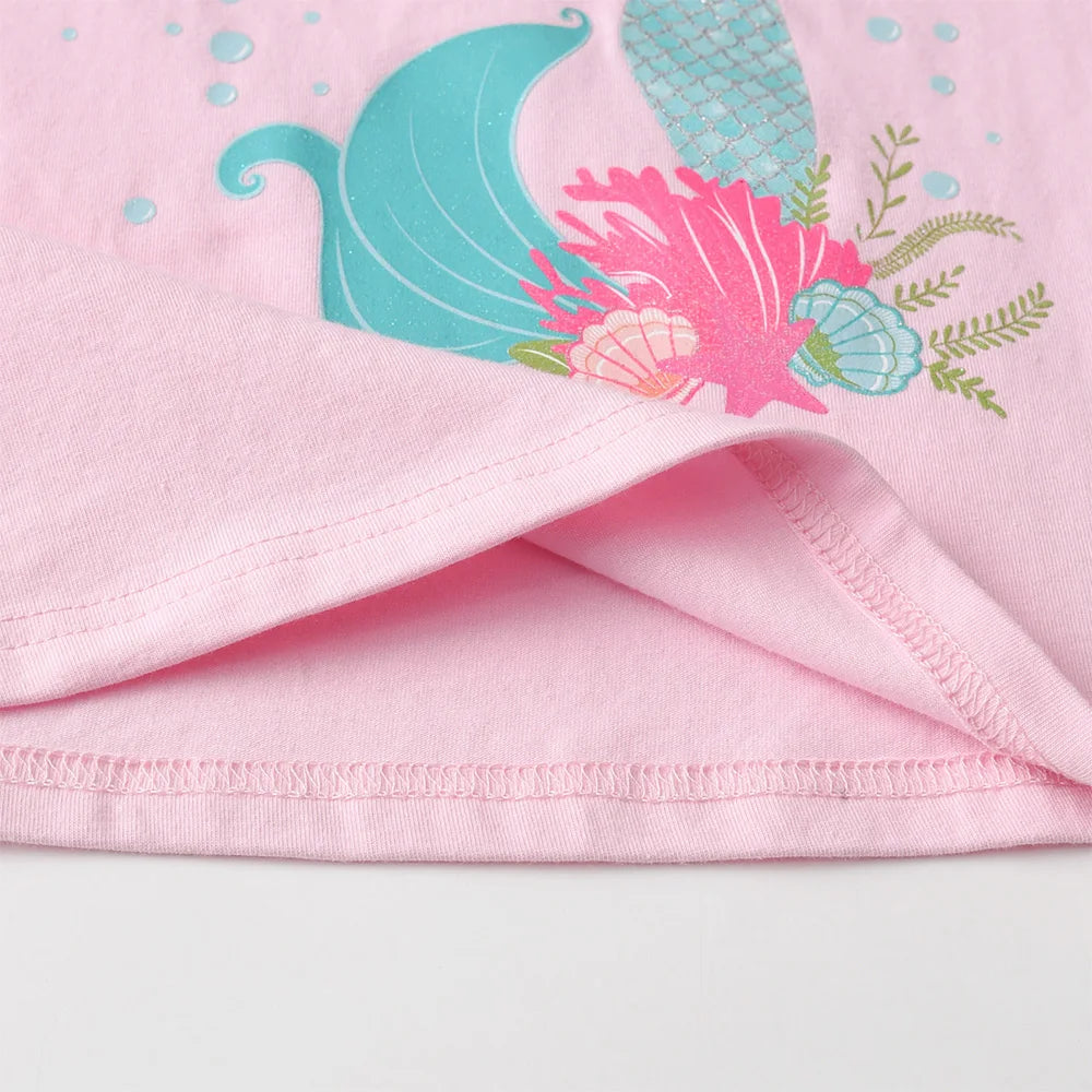 VIKITA 2025 New Children Clothes Kids Striped Pink Long Sleeve Tops Wear Girls Mermaid Print Daily Cotton Casual Cute Tees
