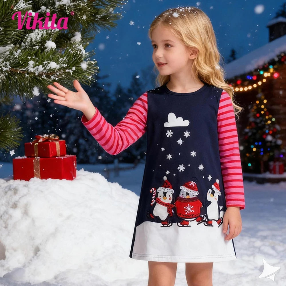 VIKITA Girls Cotton Casual Straight Dress Kids Penguin Snowflakes Cartoon Appliqued Striped Dresses Girls Autumn Spring Dress