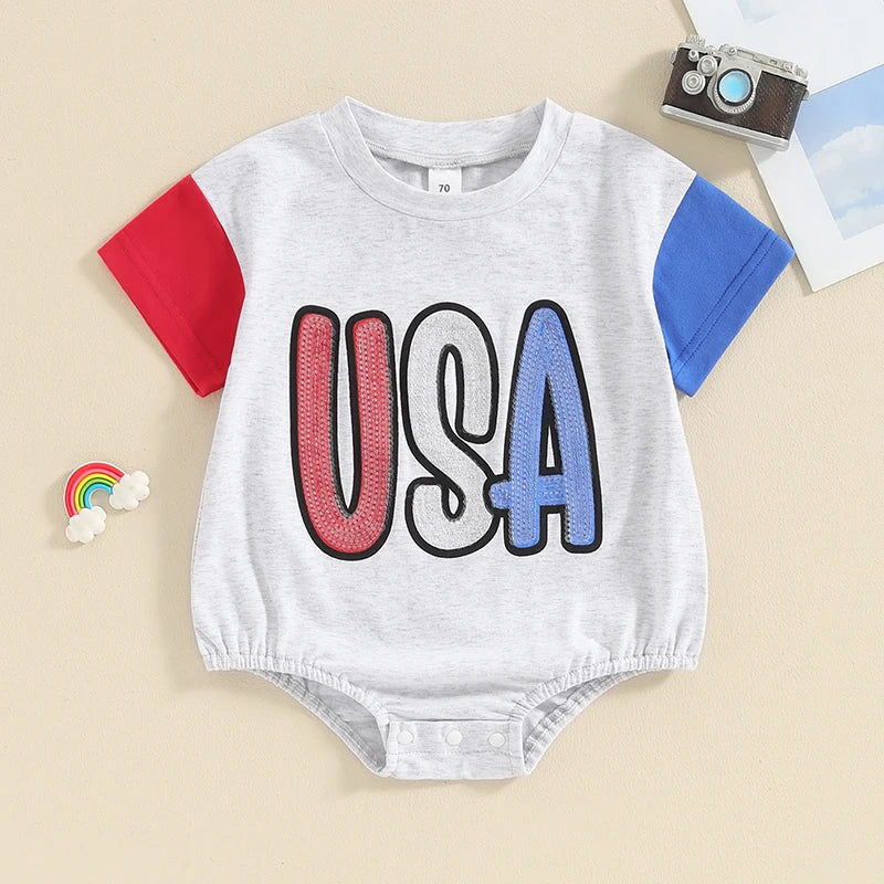 Infant Patriotic Romper American Flag Print Short Sleeve Jumpsuit for Baby Summer Outfit 4th of July Toddler Clothes Cute