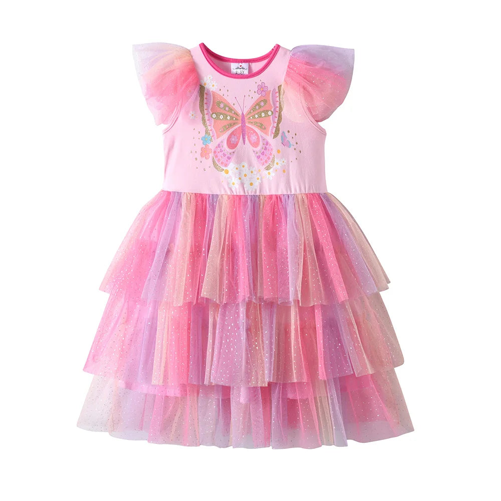 VIKITA Girls Pink Butterfly Print Layered Princess Dress Kid Flutter Sleeves Gradient Cute Fashion Summer Dress Kids Costumes