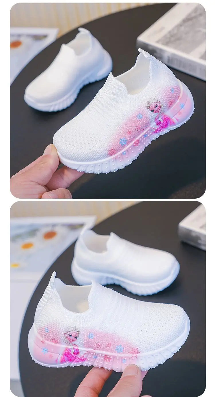 Disney Solid White Fashion Knitting Frozen Princess Elsa Children Casual Shoes Kids' Light Breathable Stretch Socks Sneakers Siz