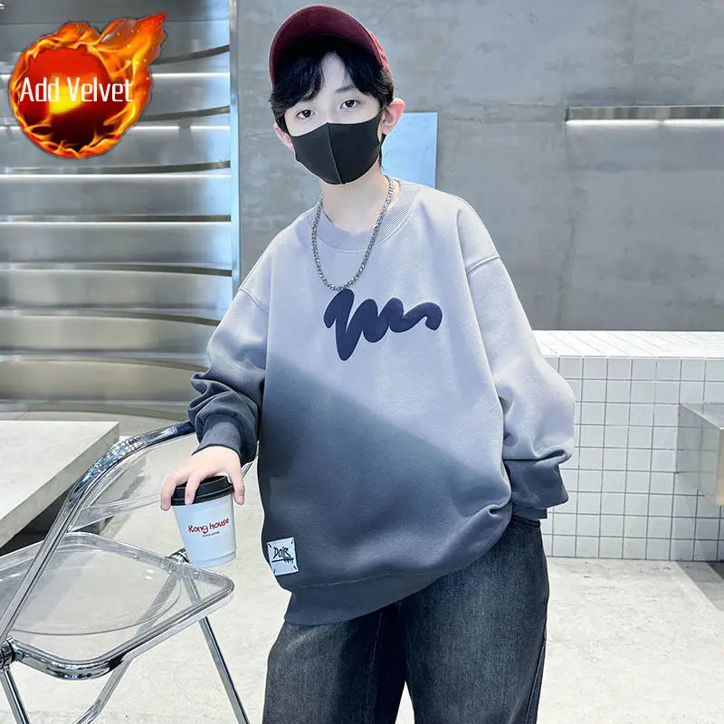Boys' Medium-Large 2025 Autumn/Winter Trendy Fleece-Lined & Thickened Warm Loose Fit No Hood Sweatshirt