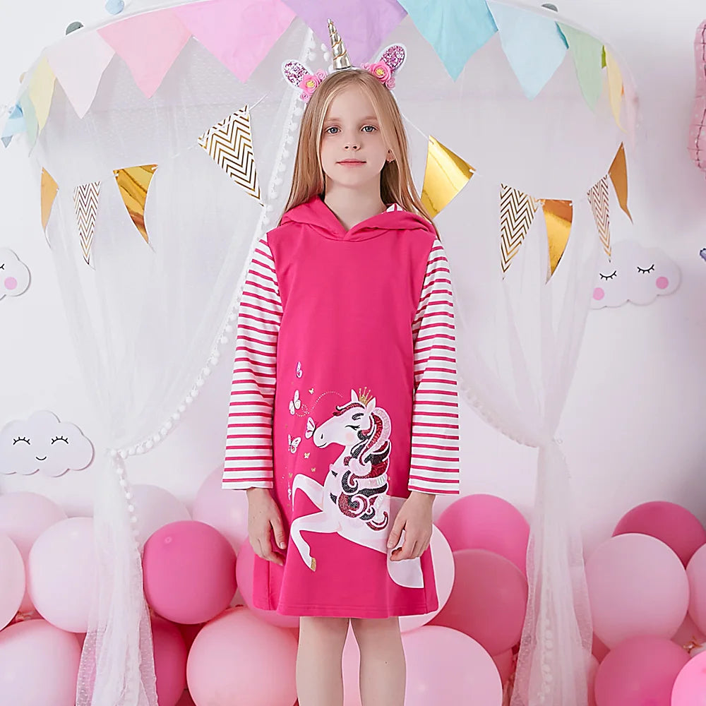 VIKITA Kids Cotton Casual Street Fashion Dress Girls Licorne Butterfly Sequined Appliqued Hooded Dresses Kids Cute Pink Dress