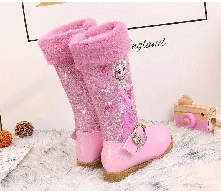 Disney Girls' Leather Boots Winter Cartoon Frozen Boots Zipper High Plush Princess Elsa Boots Warm Children's Boots Size 25-36
