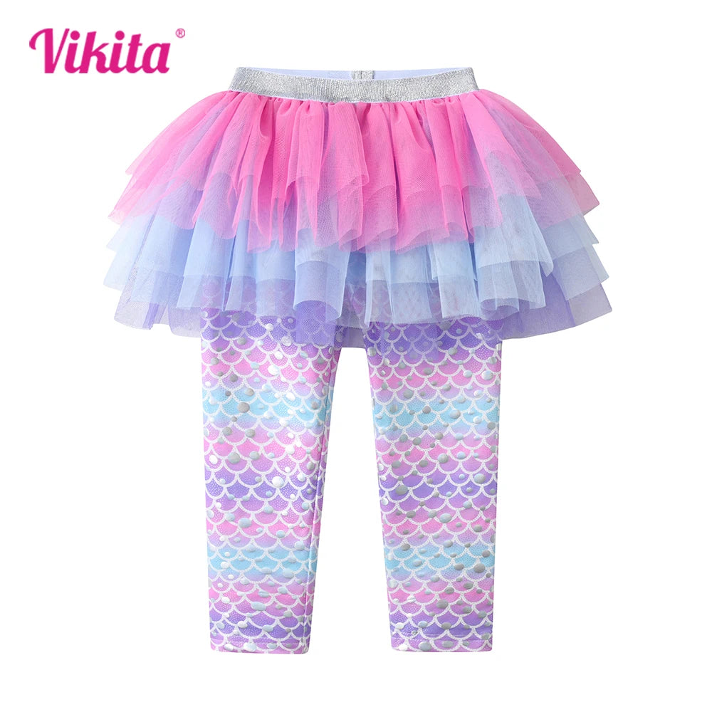 VIKITA Kids Trousers Girls Mermaid Print Leggings with Tutu Skirts Fake 2 Pcs Pants Girls Fashion Trousers Mesh Pants Skirts