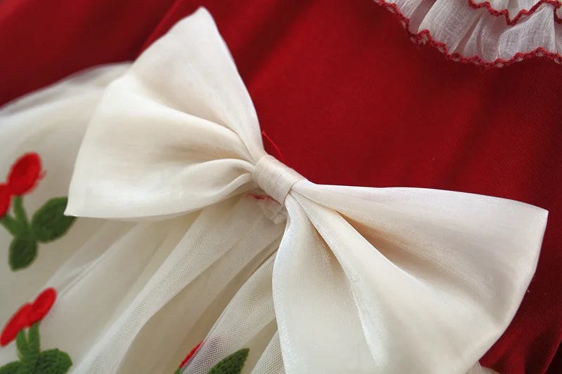 Spring And Autumn New Cherry Chiffon Baby Girl Princess Dress, Red Long Sleeve Christmas Party Children'S Clothes（0-3 Years Old）