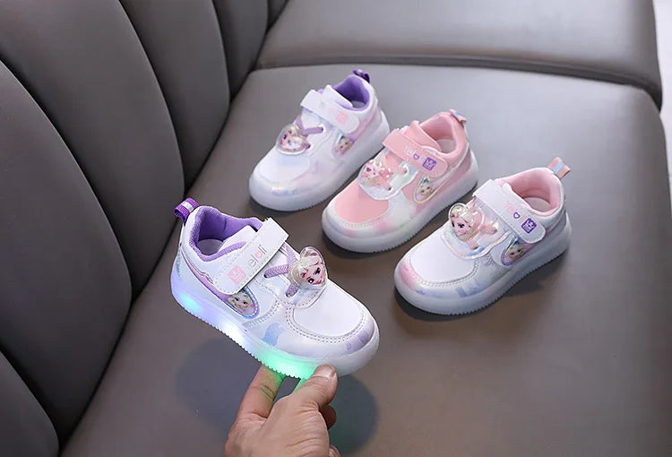 Disney Kids Girls Shoes Children Sneakers Girls Elsa Frozen Princess Casual Sport Student Shoes LED Lights Shoes Size 21-30