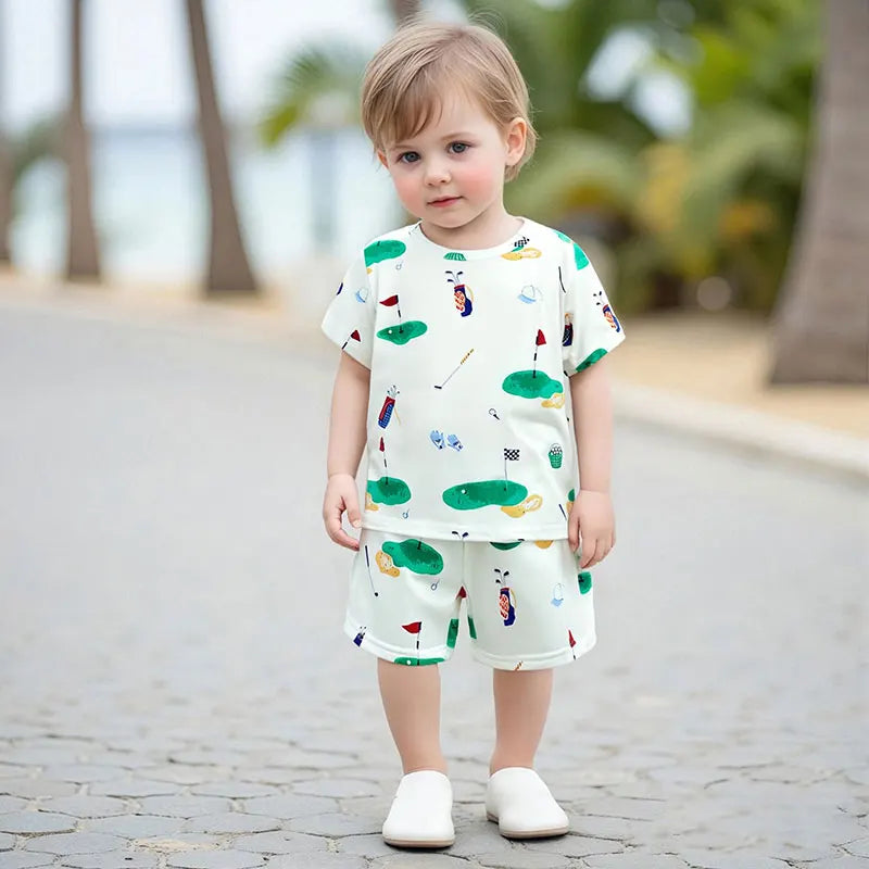 Infant Summer Outfit Set Short Sleeve Round Neck Dinosaur Print T-Shirt and Shorts Baby Boy 2 Piece Clothing Set for Toddler