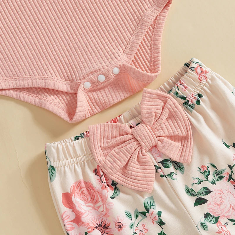 Toddler Girls 3 Piece Outfit Set Ruffle Sleeve Bodysuit Floral Bell Bottom Pants Headband Set for Baby Girl