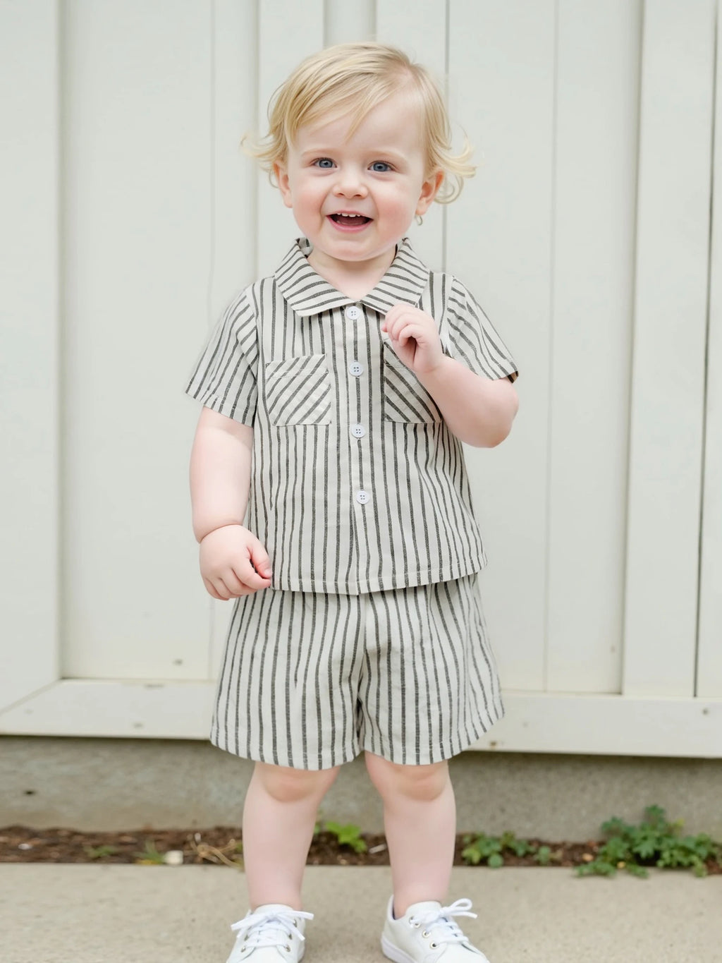 Infant Boy s 2-Piece Outfit Set with Striped Collared Shirt and Elastic Waist Shorts for Summer Wear Toddler Baby Boy Clothes