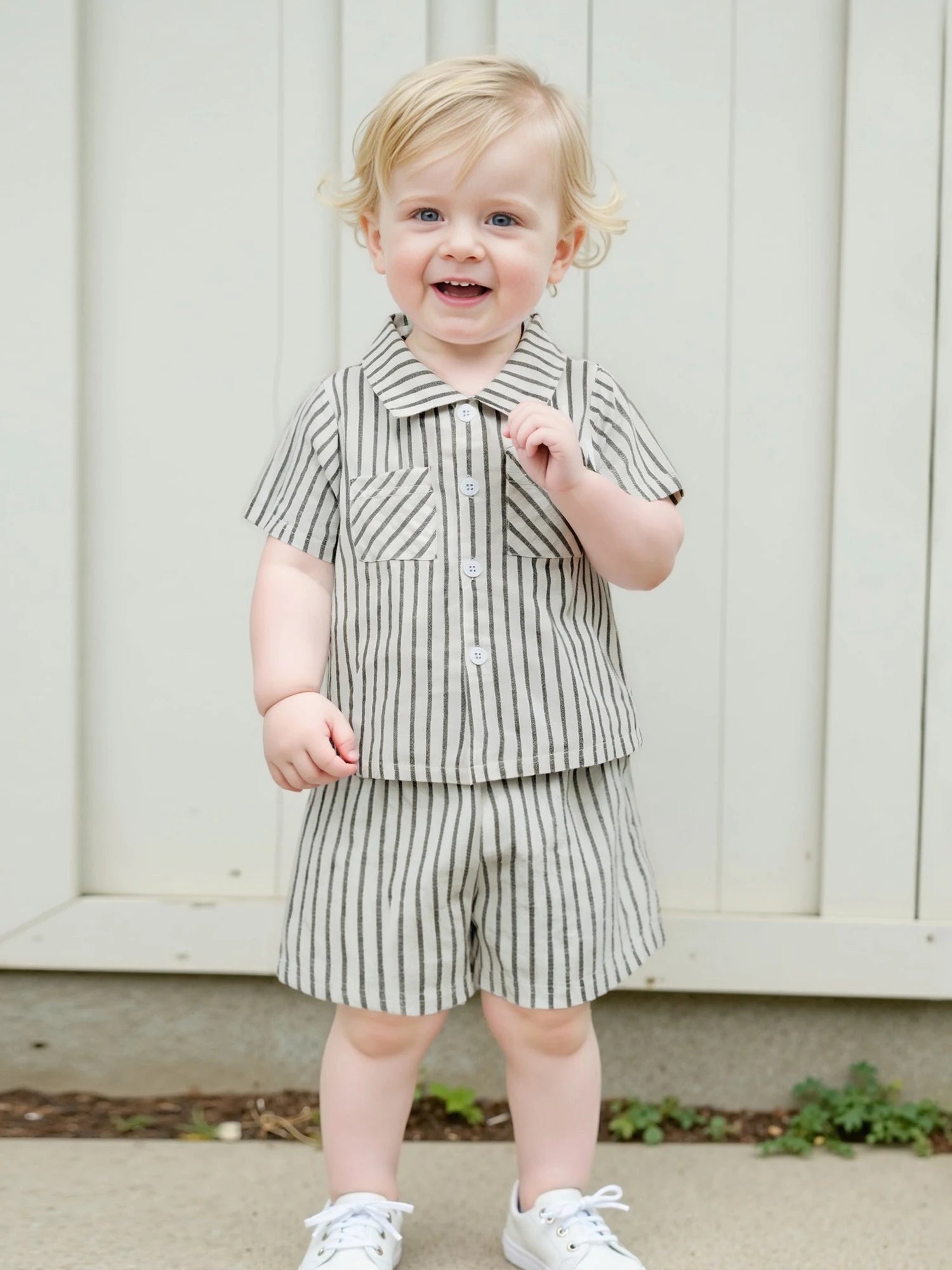 Infant Boy s 2-Piece Outfit Set with Striped Collared Shirt and Elastic Waist Shorts for Summer Wear Toddler Baby Boy Clothes