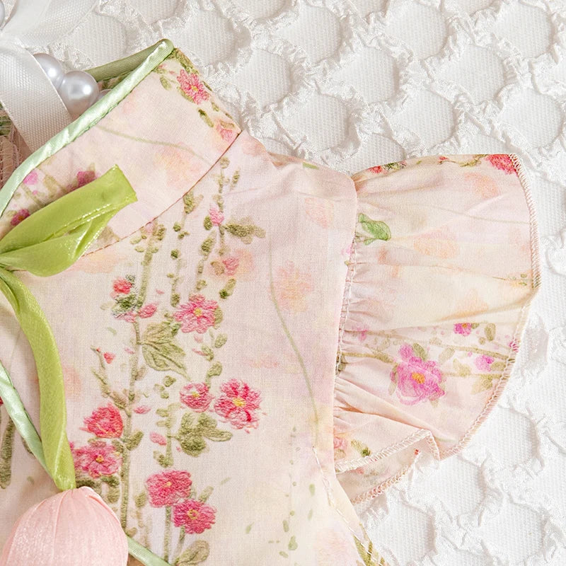 Summer New Chinese Retro Style Baby Girl Sleeveless Dress, Sweet Pink Tulip Children'S Clothing (9 Months -4 Years Old)