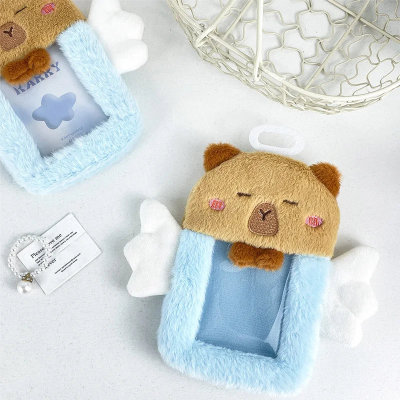 Card Sleeve Cute Blue Capybara With Angel Card Cover Anti-Lost Protective Photo Storage Capybara Identity Student Collection