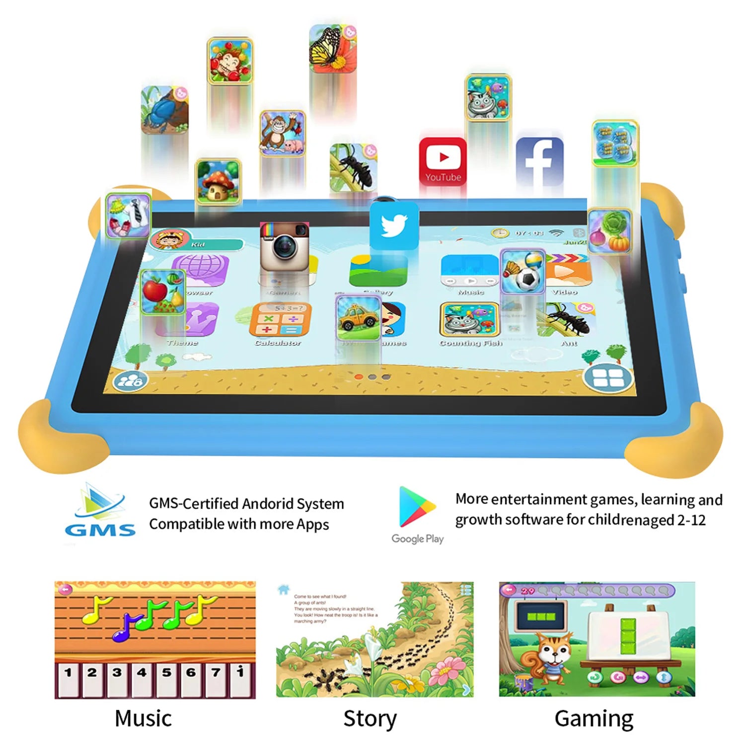 7 Inch 5G Kids' Tablet with Cartoon Pattern Android Learning Education PC with Kids-Proof Case 4000mAh Tablet