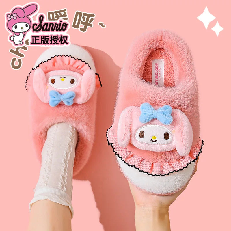 Kids' Slippers House Shoes Cartoon Kuromi With Heel Cover Winter Shoes For Girls Warm Anti-slip Pink Pruple Shoes Size 35-41