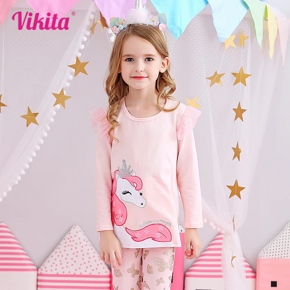 VIKITA Girls Pink T Shirt Kids Unicorn Cartoon Print Tops and Tees Girls Autumn Spring Winter Flare Sleeve Cotton Casual T Shirt