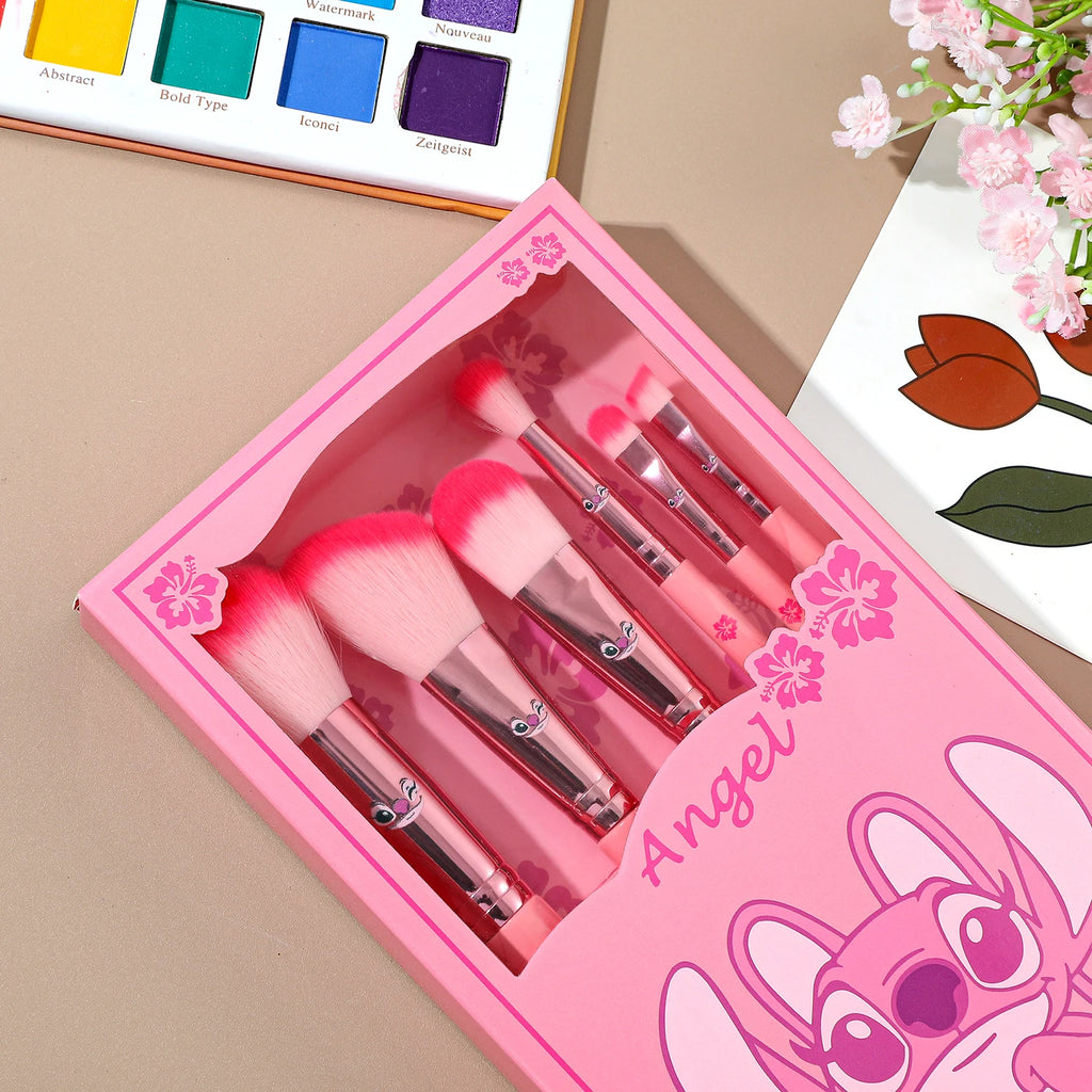 6pcs pink cartoon cute Stitch makeup brush set, wooden makeup brush eye shadow brush, gift box packaging, the perfect choice for