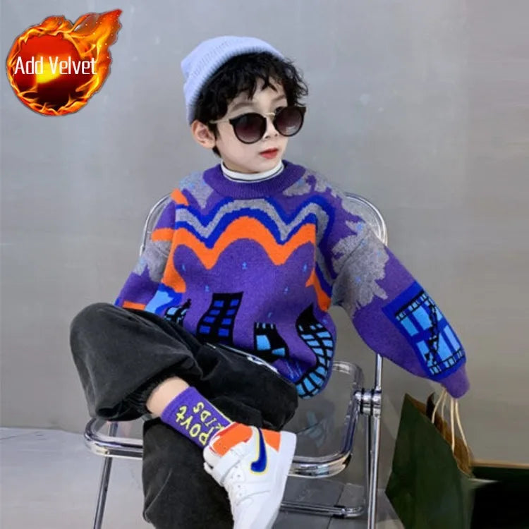 2025 Autumn/Winter New Boys' Fleece-Lined Thickened Crewneck Sweater, Korean Style Toddler Big Kids Knitwear