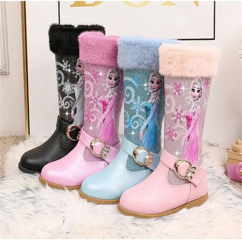 Disney Girls' Leather Boots Winter Cartoon Frozen Boots Zipper High Plush Princess Elsa Boots Warm Children's Boots Size 25-36