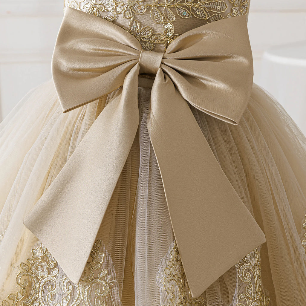 Elegant Embroidery Bow Bridesmaid Party Girls Dress Trailing Flower Wedding Birthday Princess Dresses Girl Evening Prom Vestidos