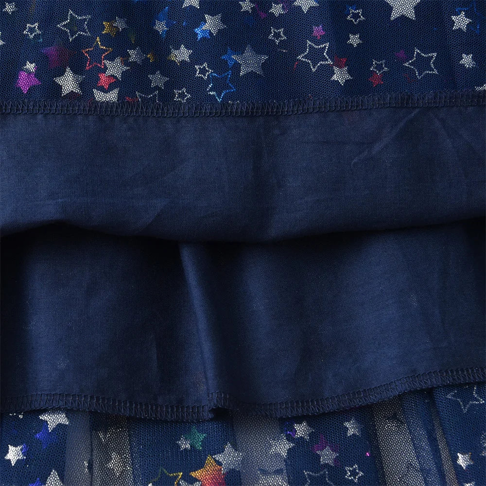 VIKITA Girls Sleeveless Summer Navy Blue Dress Toddlers Patchwork Fashion Cute Licorne Star Shiny Mesh Vacation Dresses 7-12 Yrs