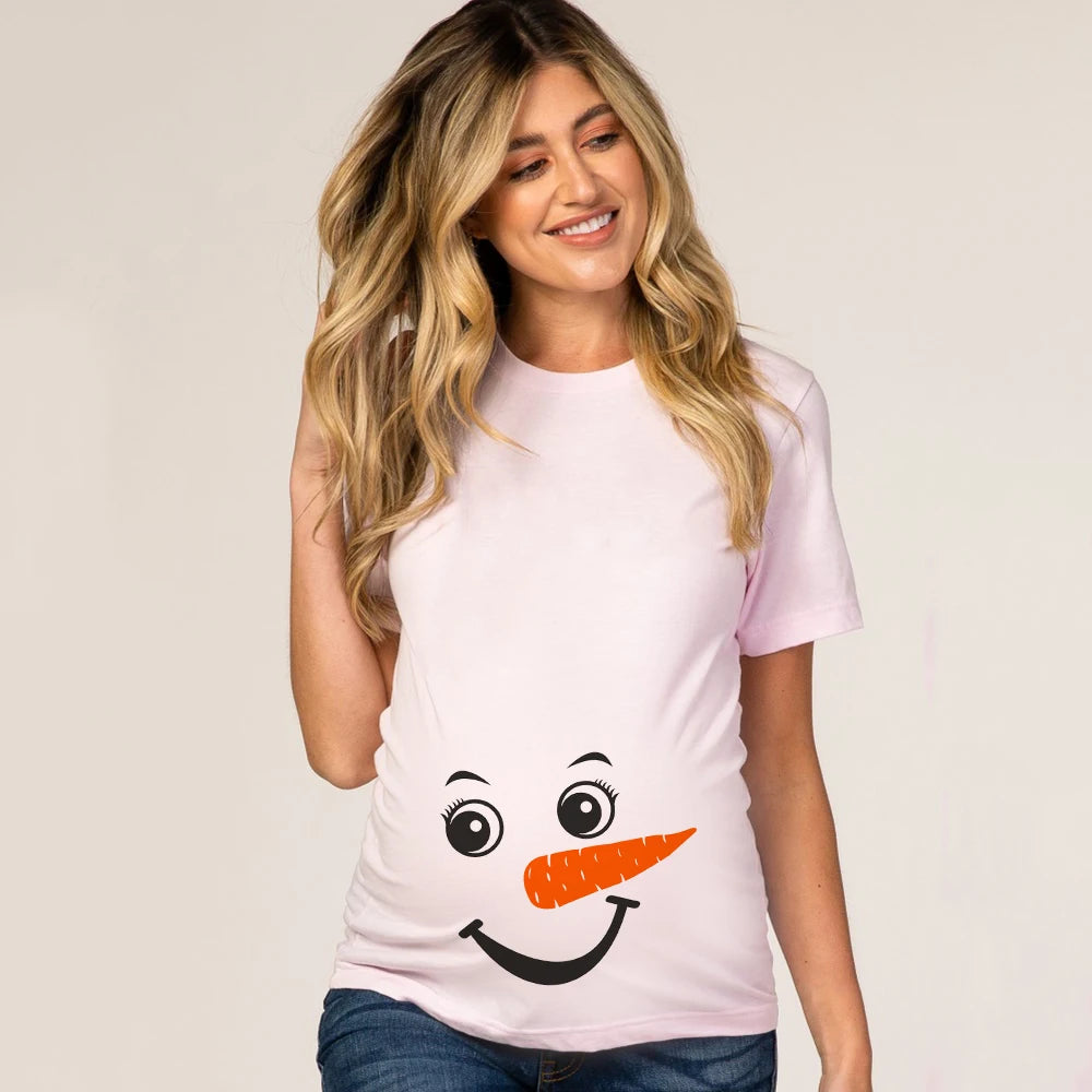 Christmas Pregnant Women T-shirt Snowman Cartoon Printed T Shirt Pregnancy Announcement Clothes Maternity White Short Sleeve Top