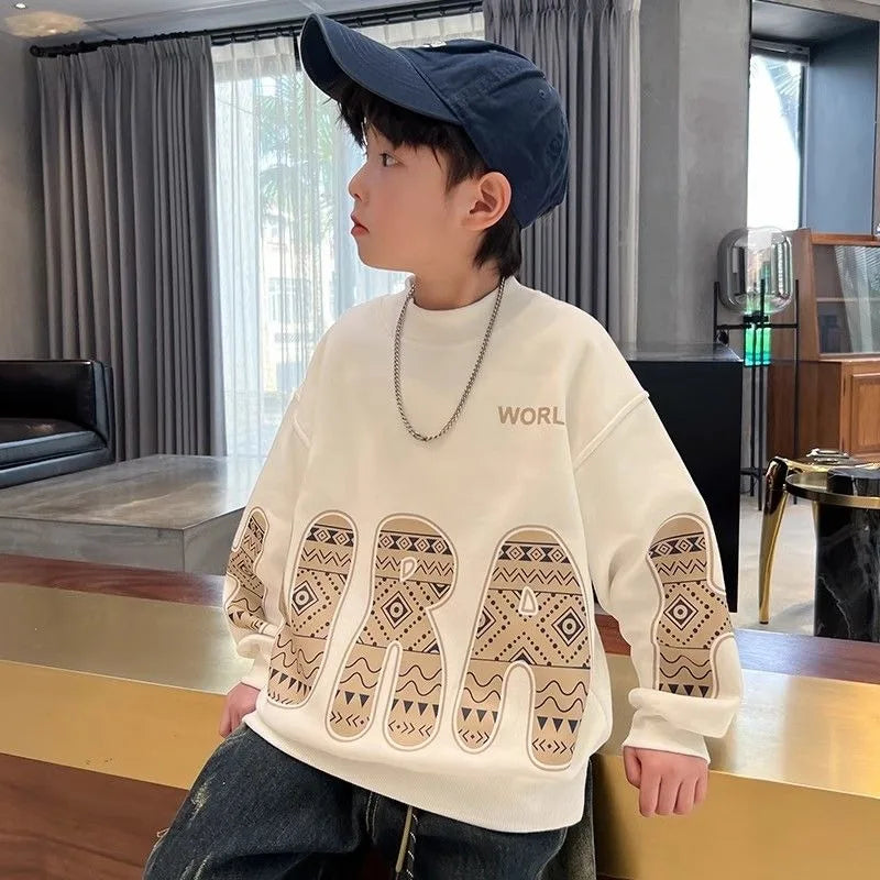 Boys' Medium-Large 2025 New Spring/Autumn Trendy No Hood Layering Top Sweatshirt