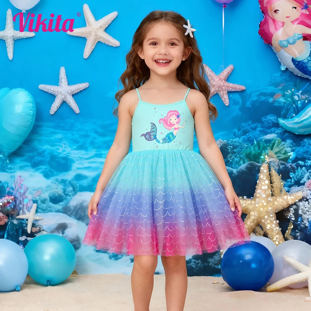 VIKITA Kids Blue Suspenders Sling Summer Princess Dress Girls Mermaid Print Princess Party Travel Mesh Tulle Stylish Costumes