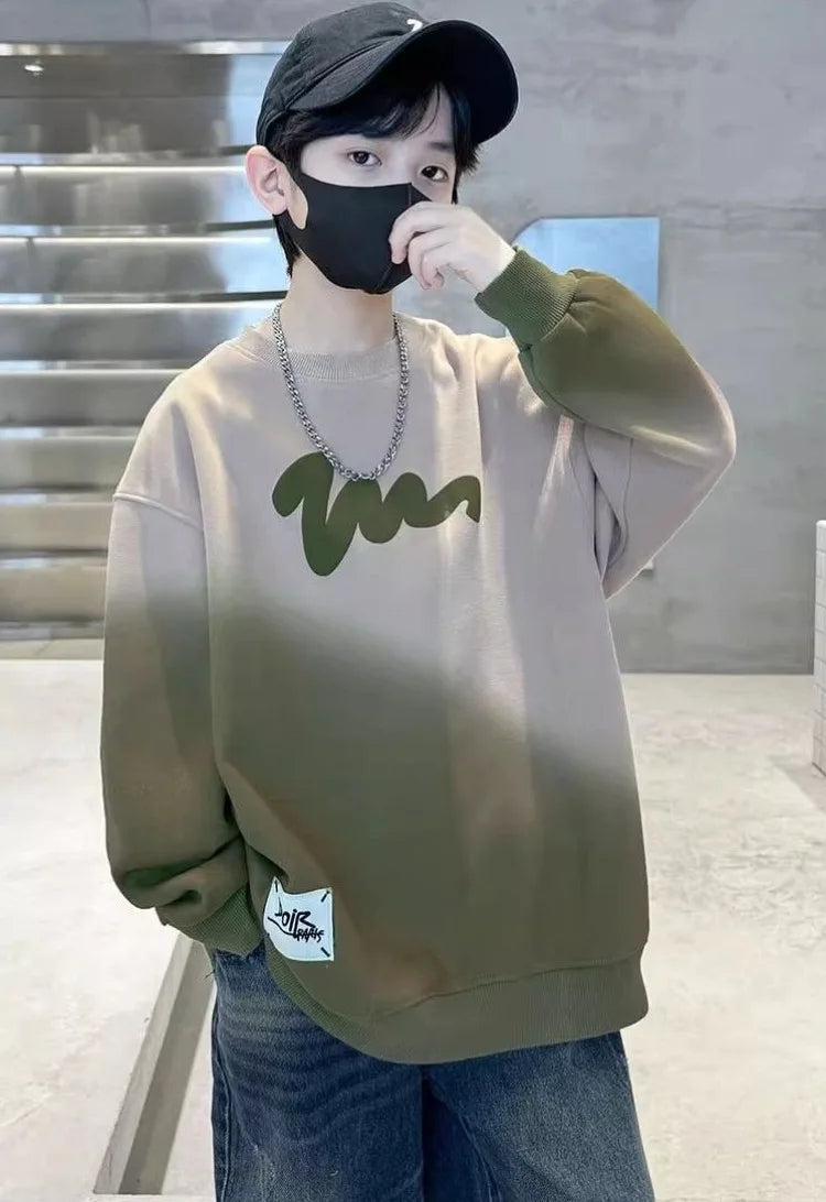 Boys' Medium-Large 2025 Autumn/Winter Trendy Fleece-Lined & Thickened Warm Loose Fit No Hood Sweatshirt