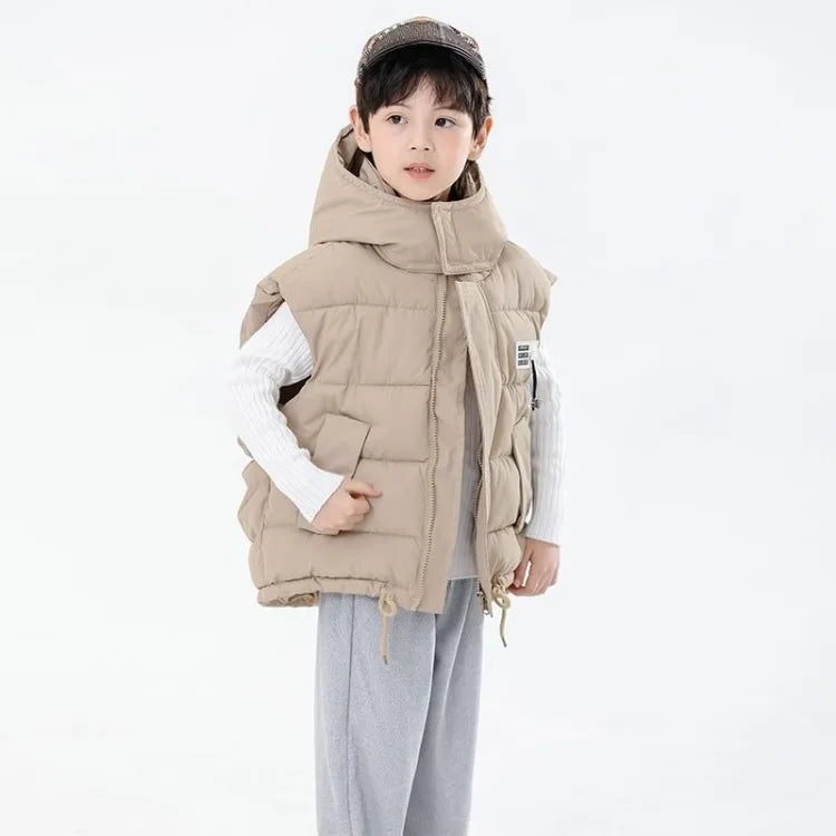 2025 Kids Puffy Windproof Quilted Sleeveless Jacket Korean Style Oversized Cargo Vest for Toddler Boys Thermal Insulated Outdoor