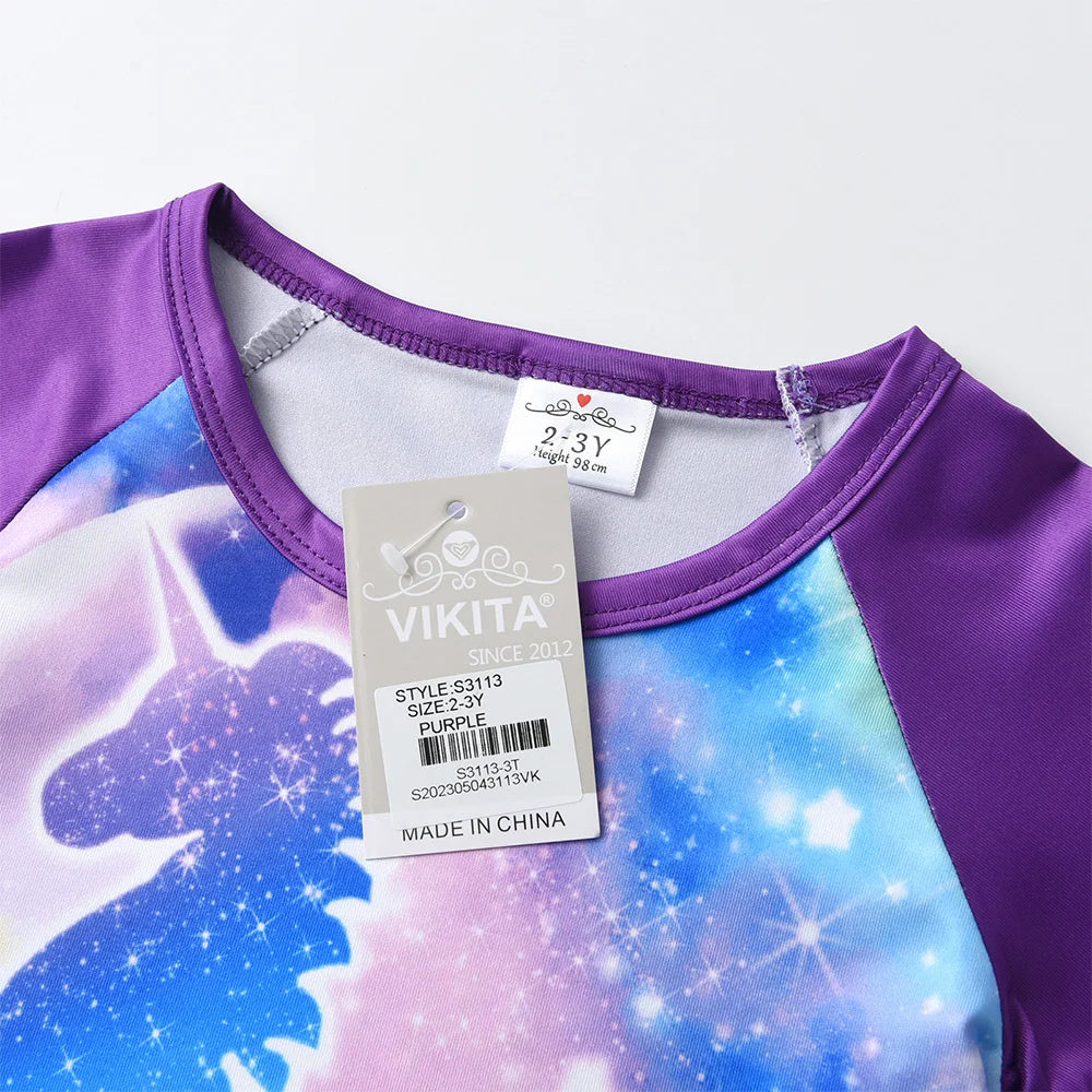 VIKITA Girls Short Sleeve T Shirt Kids Polyester Licorne Print Tees Colorful Cartoon Casual School Daily Costumes Tops and Tees