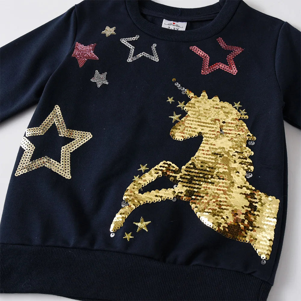 Toddlers Girls Cotton Sweatshirt with Golden Sequined Unicorn Sparkly Star Appliqued Outfits Kids Daily Street Cool Casual Wear