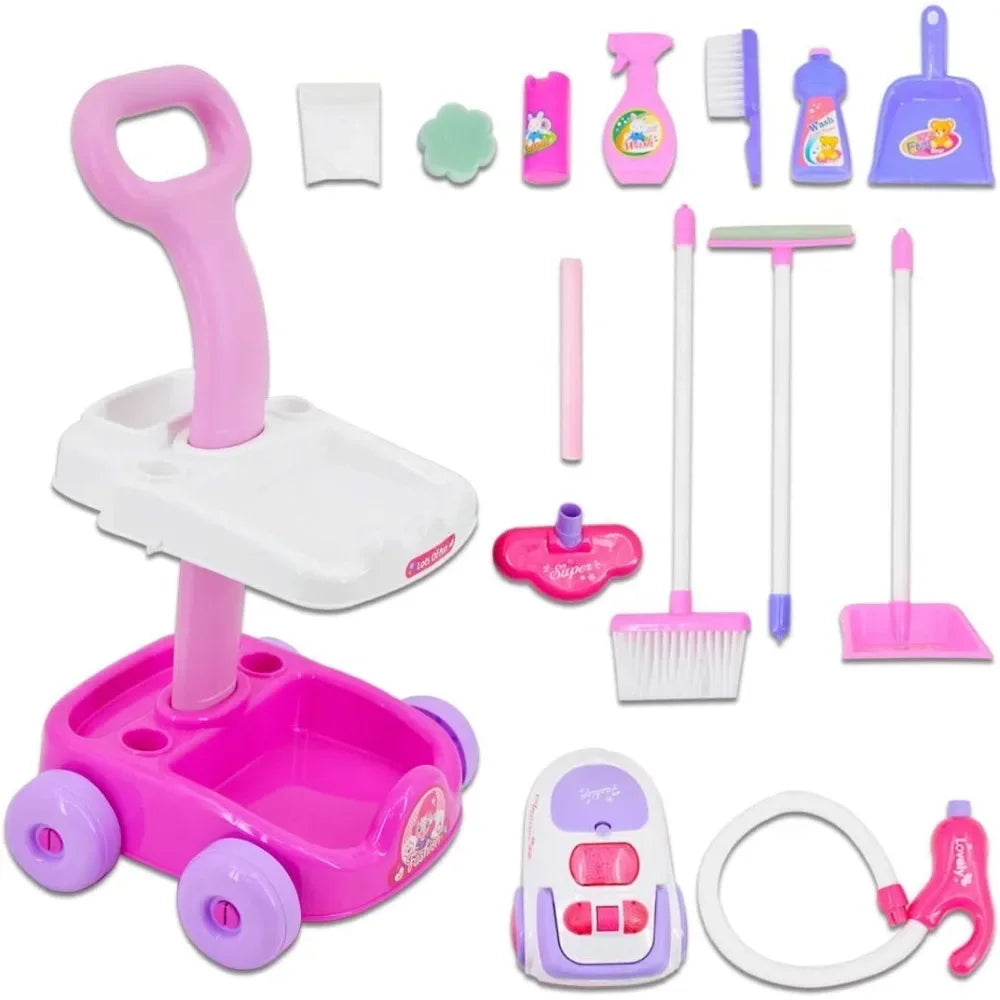 Housekeeping Cleaning Trolley Playset Caddy Includes Accessories and Toy Vacuum with Sounds and Lights Pretend Play for Girls