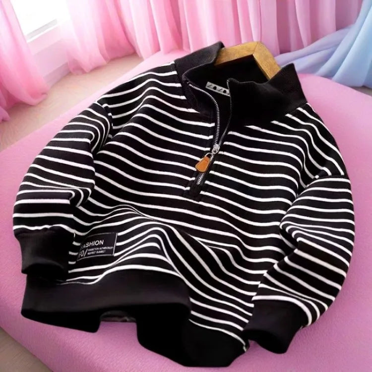 2025 New Boys' Medium-Large Lightweight Autumn Polo-Style Sweatshirt - Striped Half-Zip with Stand Collar & Lapel Top