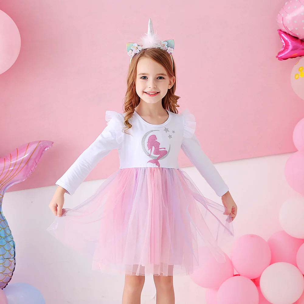 VIKITA Girls Mermaid Print Dress Kids Mesh Tulle Princess Elegant Dress Kids Long Sleeve Autumn Spring Patchwork Casual Vestidos
