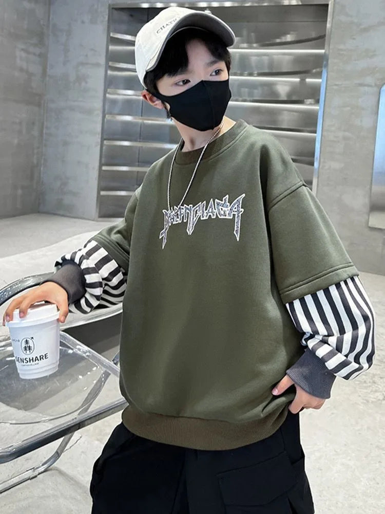 Boys' Medium-Large 2025 New Arrival No Hood Long Sleeve Fake Two-Piece Loose Fit Stylish Sweatshirt for Spring