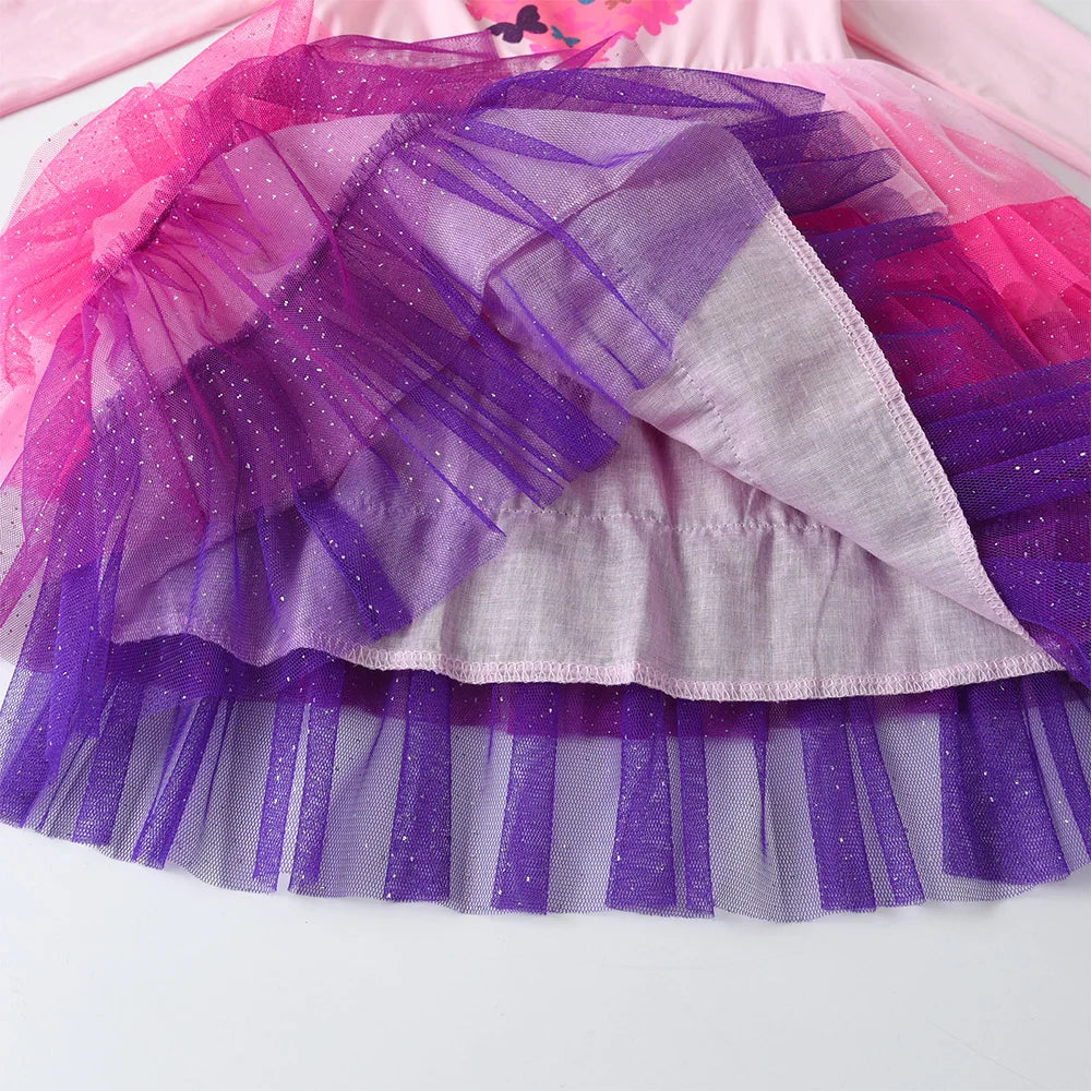 VIKITA Girls Heart Design Butterfly Print Dress Kids Pink Dresses Girls Autumn Spring Long Sleeve Mesh Tulle Layered Vestidos