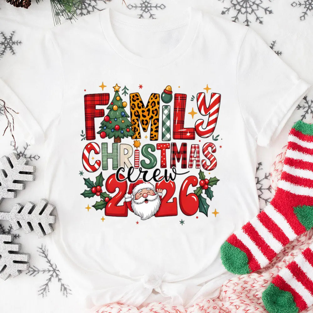 Family Christmas Crew 2025 Print Matching Outfits Christmas Day Short Sleeve Family Tees Shirt Outfit Holiday Casual Clothing