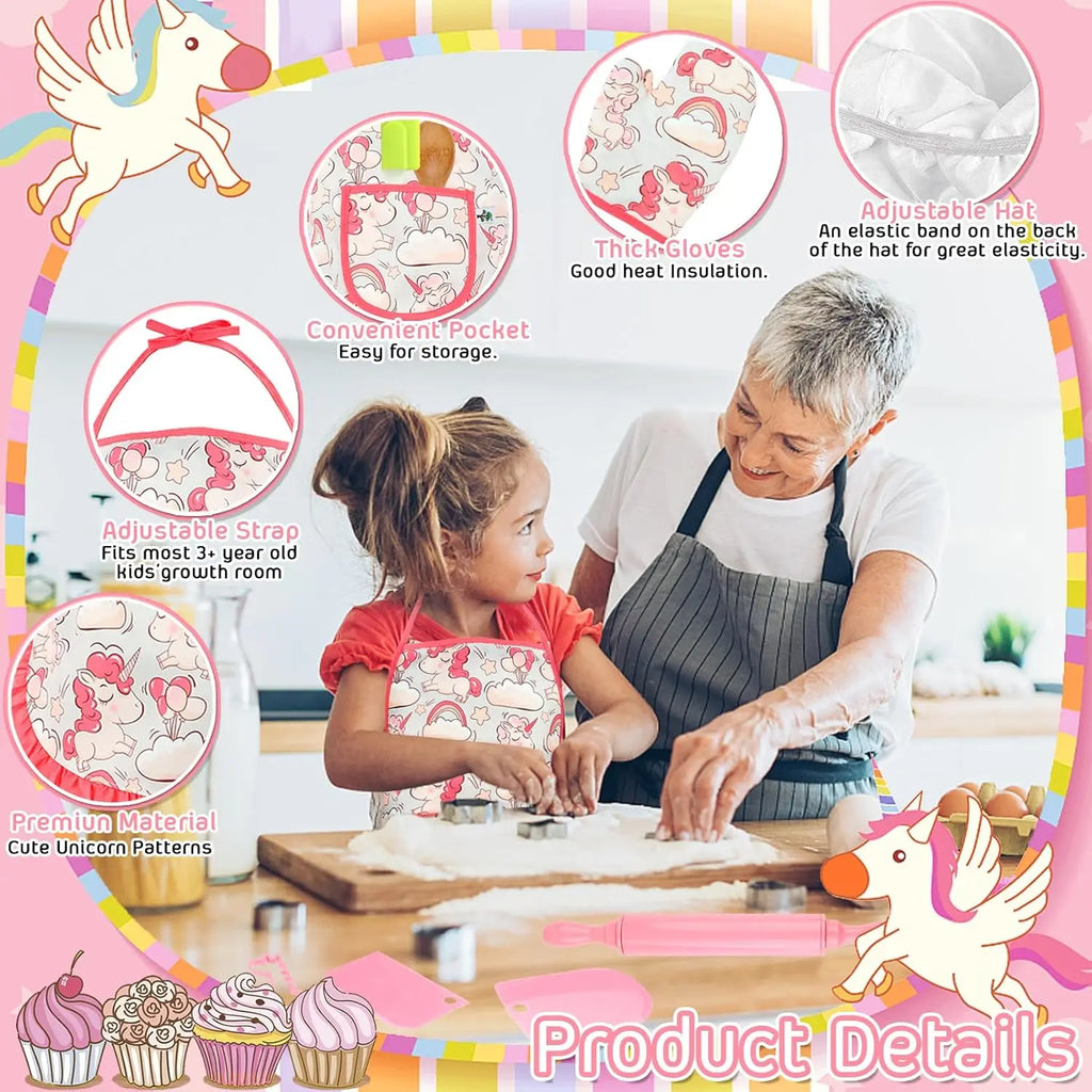 Kids Baking Chef Set with Unicorn Apron & Mitt Kid Cooking Set with Chef Hat Spoons Whisk Dress Up Role Play Gifts for Girls Boy