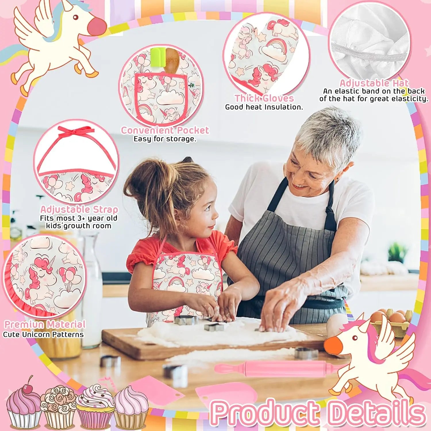 Kids Baking Chef Set with Unicorn Apron & Mitt Kid Cooking Set with Chef Hat Spoons Whisk Dress Up Role Play Gifts for Girls Boy