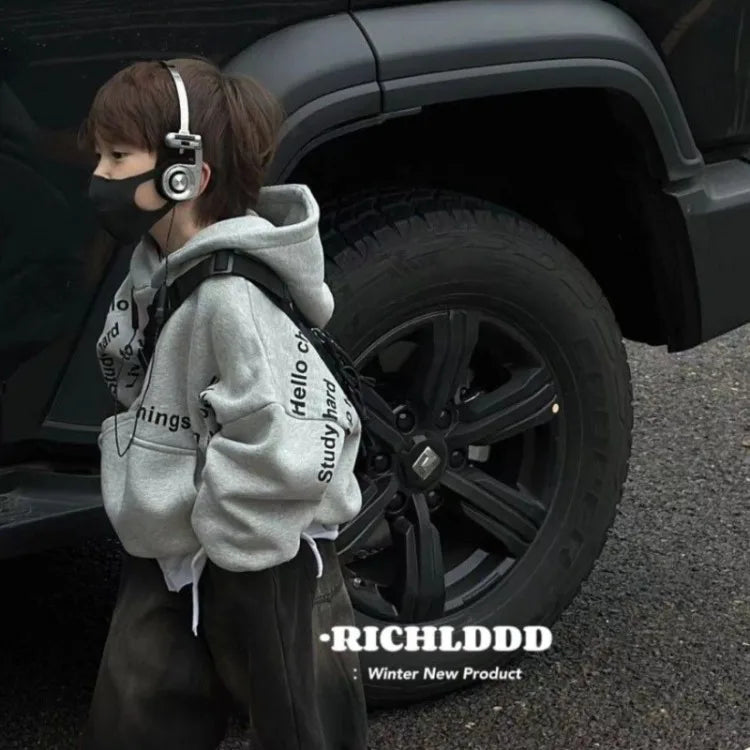 Autumn Winter Kids' Mid-Small Edgy Fleece-Lined Letter Print Hooded Hoodie - Warm Korean-Style Baby To Big Kids Top
